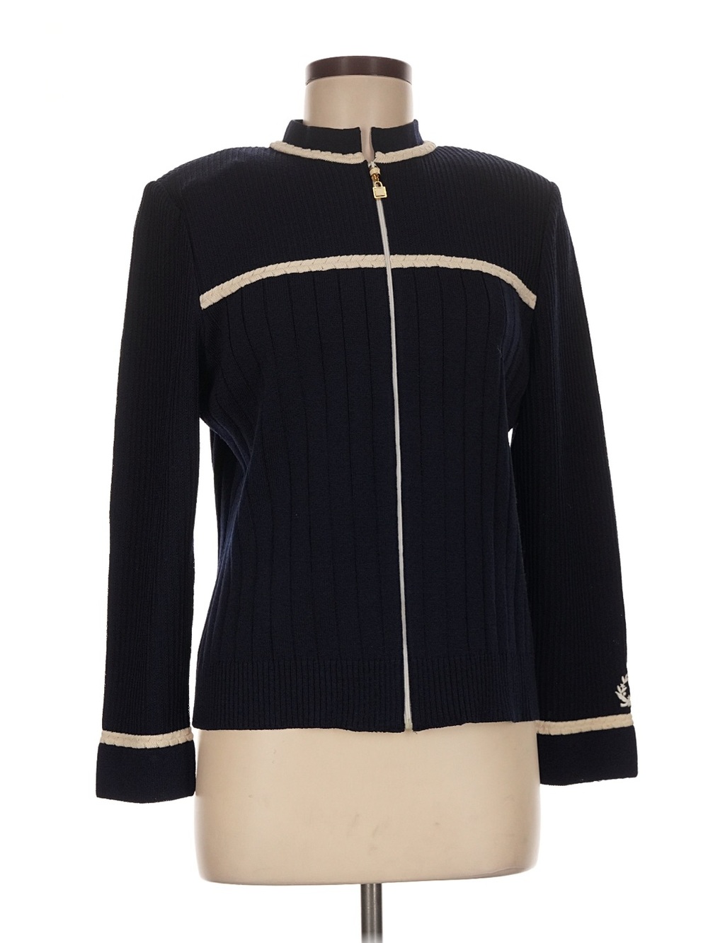 St. John Navy Blue Zip-Front Sweater with Trim